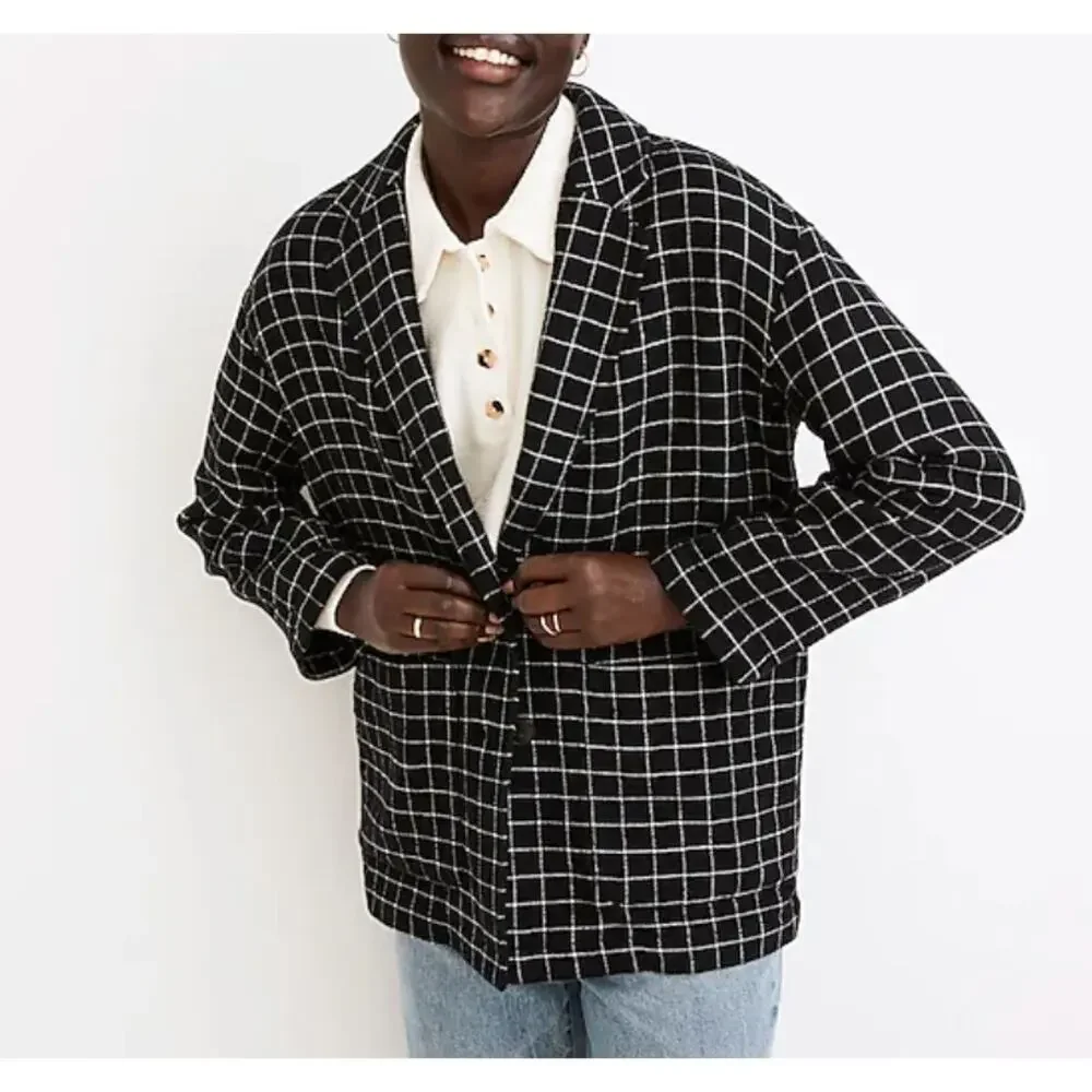 Madewell Waffleback Shaw Blazer Women Small Black Windowpane Cotton Unstructured